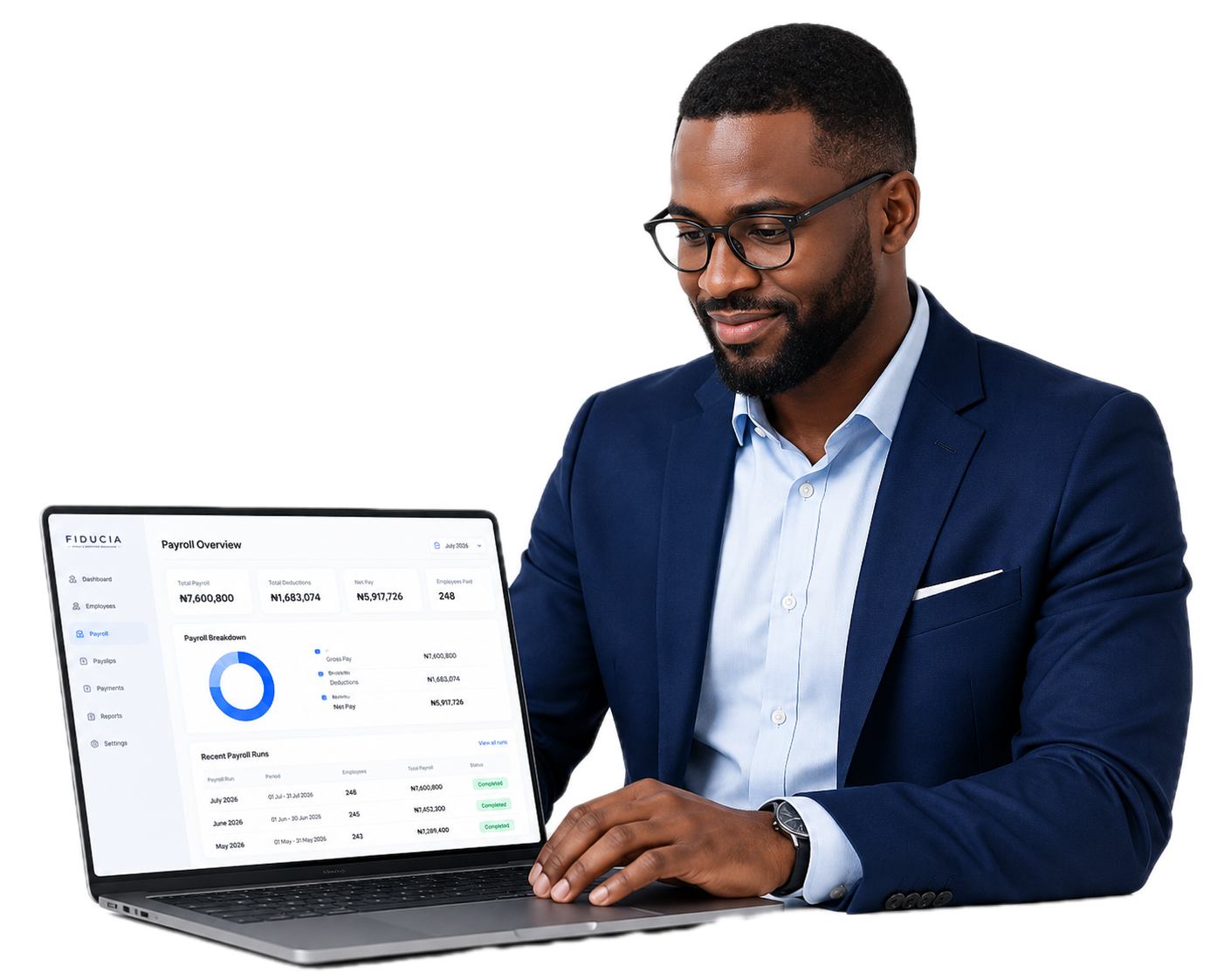 HR professional reviewing payroll on a laptop