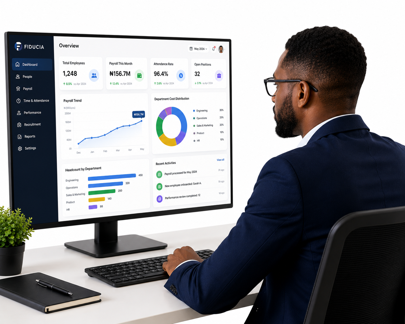 Finance leader reviewing Fiducia analytics on a desktop monitor
